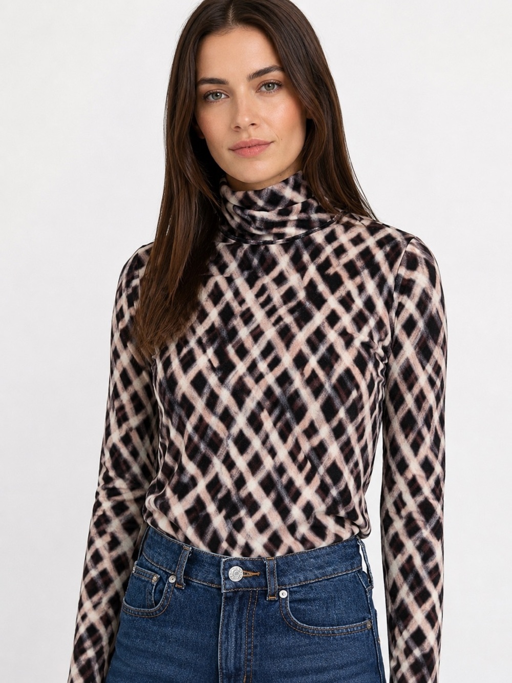 Frank & Oak Plaid Mock Neck Top Large| Pink Black Long Sleeve Stretch Fitted